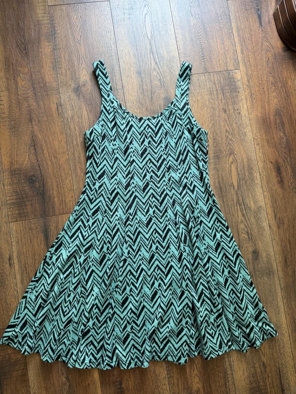 Y2K Teal Black Chevron Shimmer Fit & Flare Knit Skater Dress Ya Los Angeles L